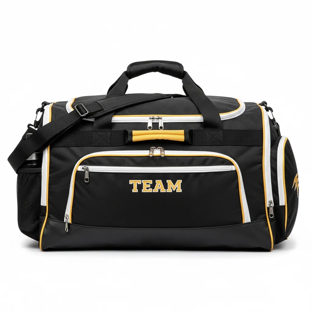 Custom Soccer Duffle Bag - Black, Gold, White - Duffel Bag - Front View - HAMCO Sports Inc.