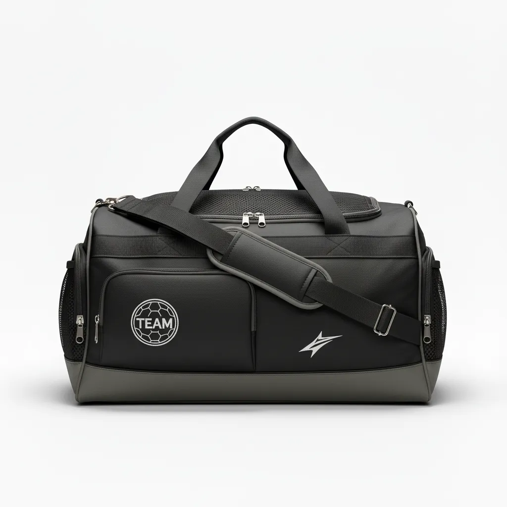 Custom Soccer Duffle Bag - Black, Grey - Duffel Bag - Front View - HAMCO Sports Inc.