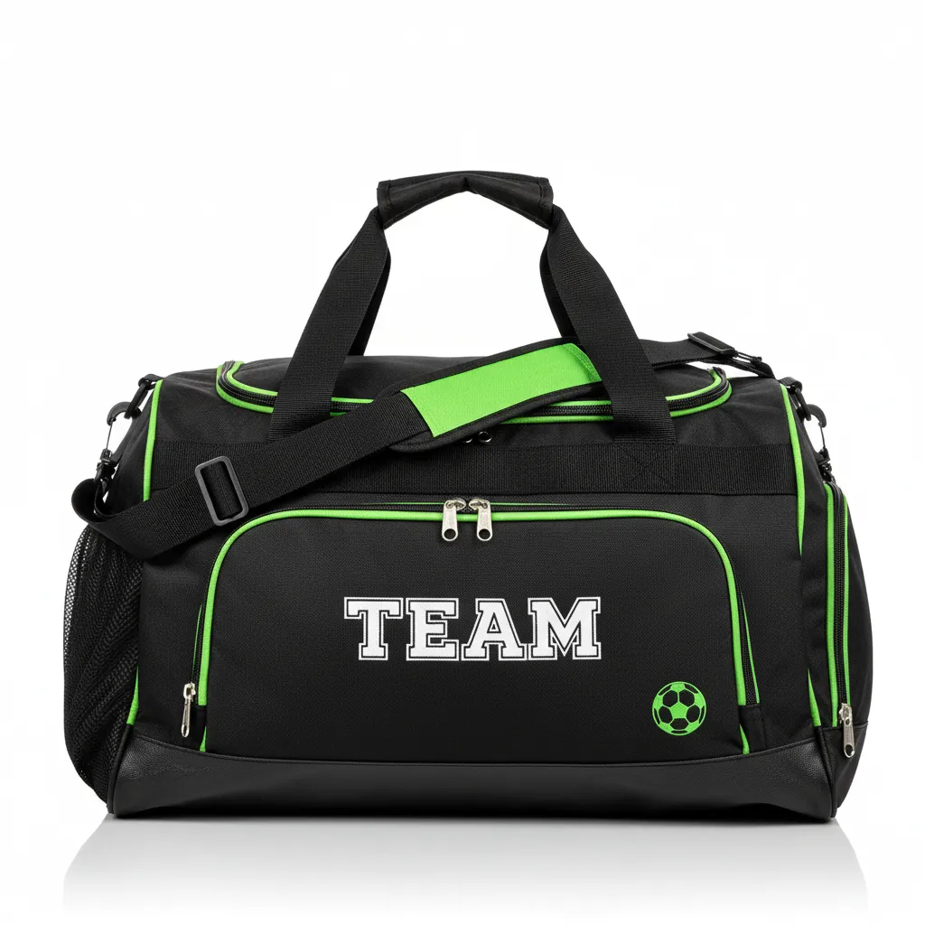 Custom Soccer Duffle Bag - Black, Green - Duffel Bag Neon - Front View - HAMCO Sports Inc.