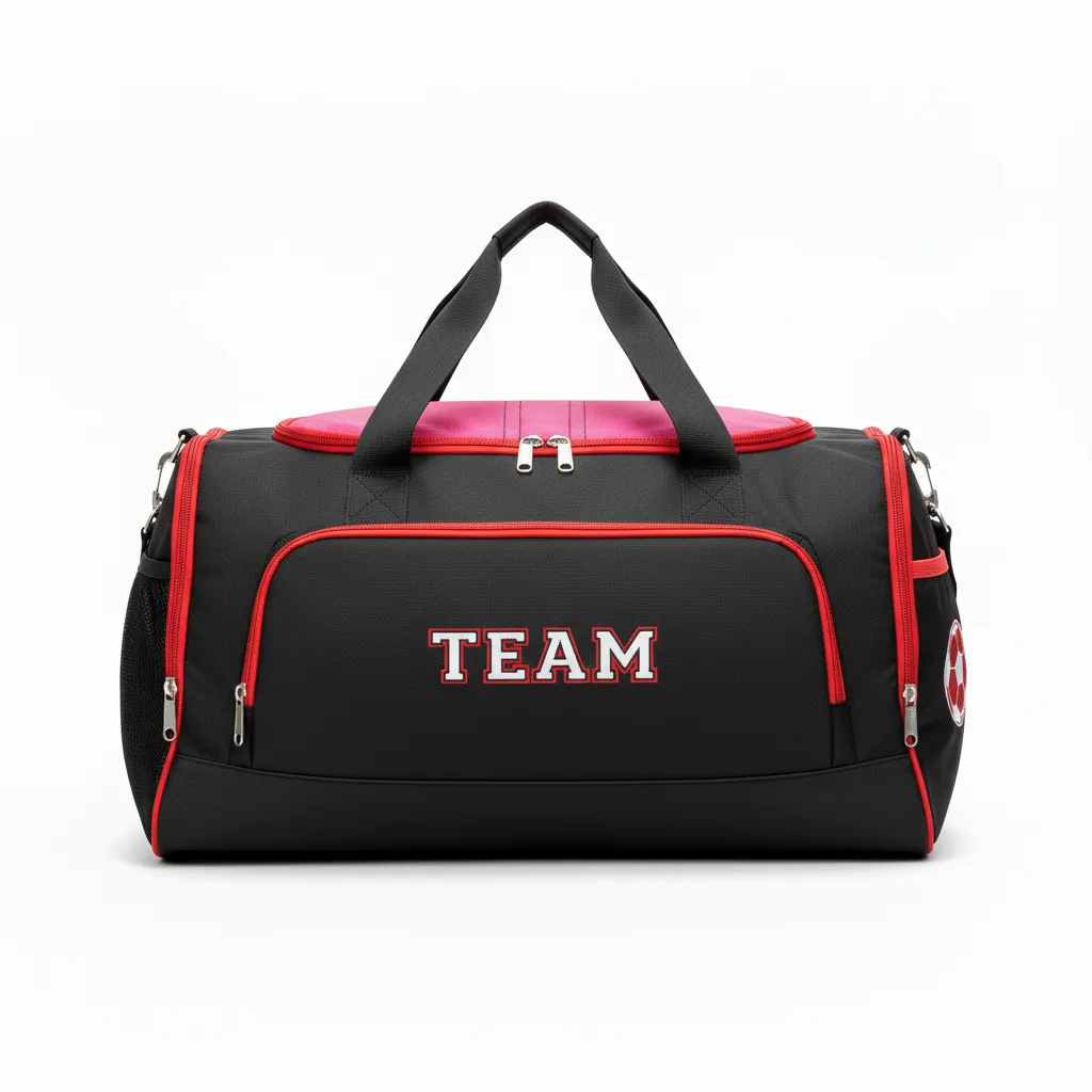 Custom Soccer Duffle Bag - Black, Red - Duffel Bag - Front View - HAMCO Sports Inc.