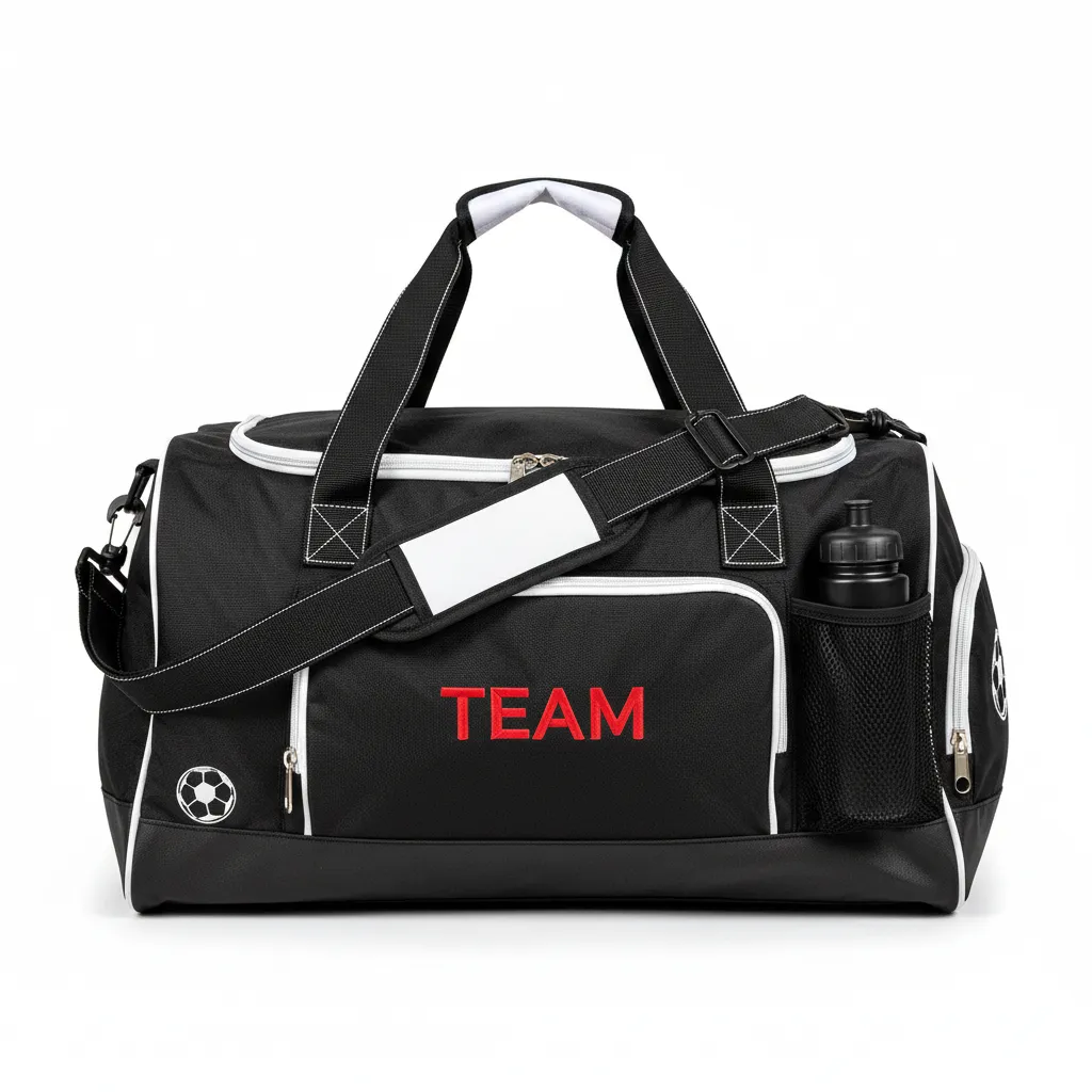 Custom Soccer Duffle Bag - Black, White - Duffel Bag - Front View - HAMCO Sports Inc.
