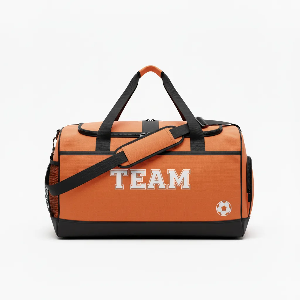 Custom Soccer Duffle Bag - Burnt, Orange, Black - Duffel Bag - Front View - HAMCO Sports Inc.
