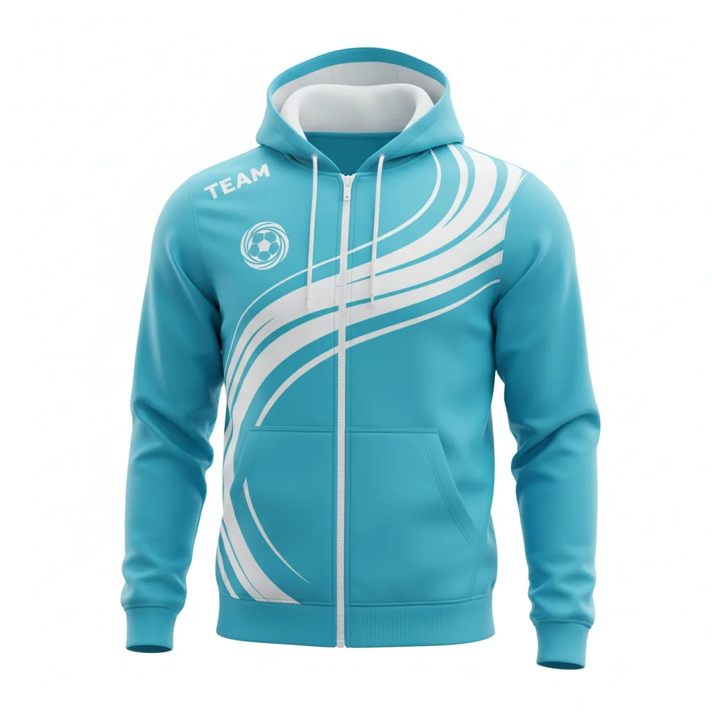 Custom Soccer Full Zip Hoodie - White - Fullzip Hoodie Aqua Wave - Front View - HAMCO Sports Inc.