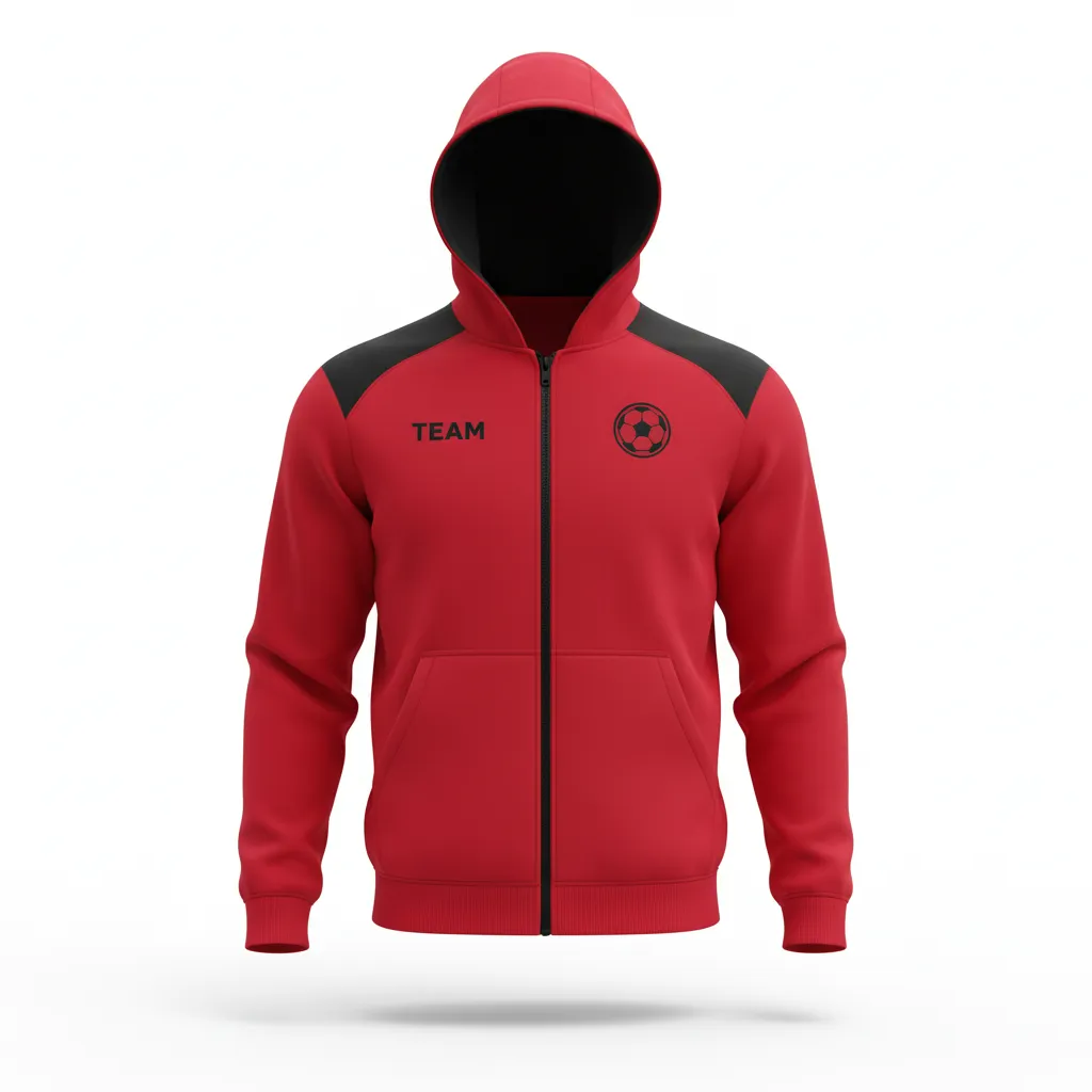Custom Soccer Full Zip Hoodie - Red, Black - Fullzip Hoodie Athletic Shoulder Panels - Front View - HAMCO Sports Inc.