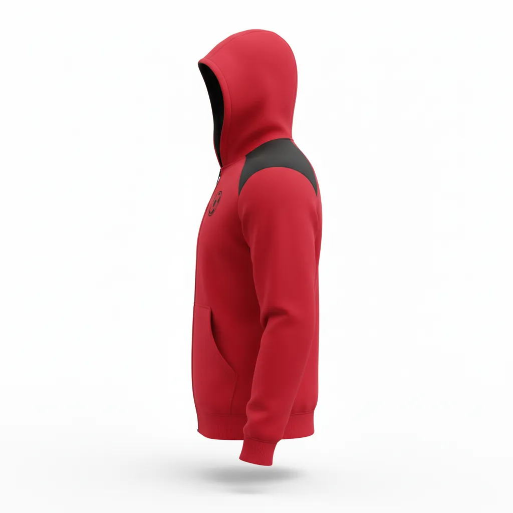 Custom Soccer Full Zip Hoodie - Red, Black - Fullzip Hoodie Athletic Shoulder Panels - Side View - HAMCO Sports Inc.