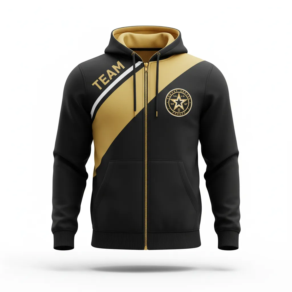 Custom Soccer Full Zip Hoodie - Black, Gold, White - Fullzip Hoodie Vegas - Front View - HAMCO Sports Inc.