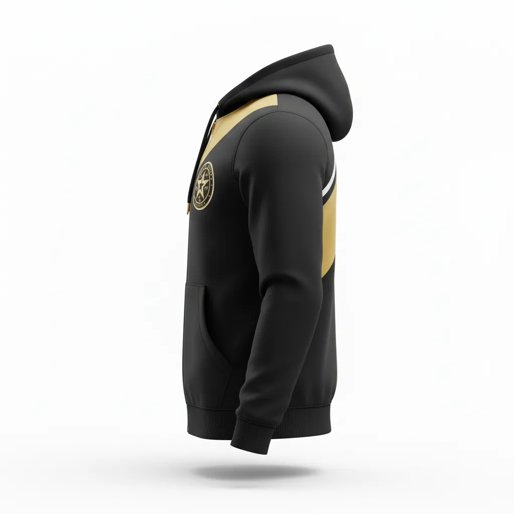 Custom Soccer Full Zip Hoodie - Black, Gold, White - Fullzip Hoodie Vegas - Side View - HAMCO Sports Inc.