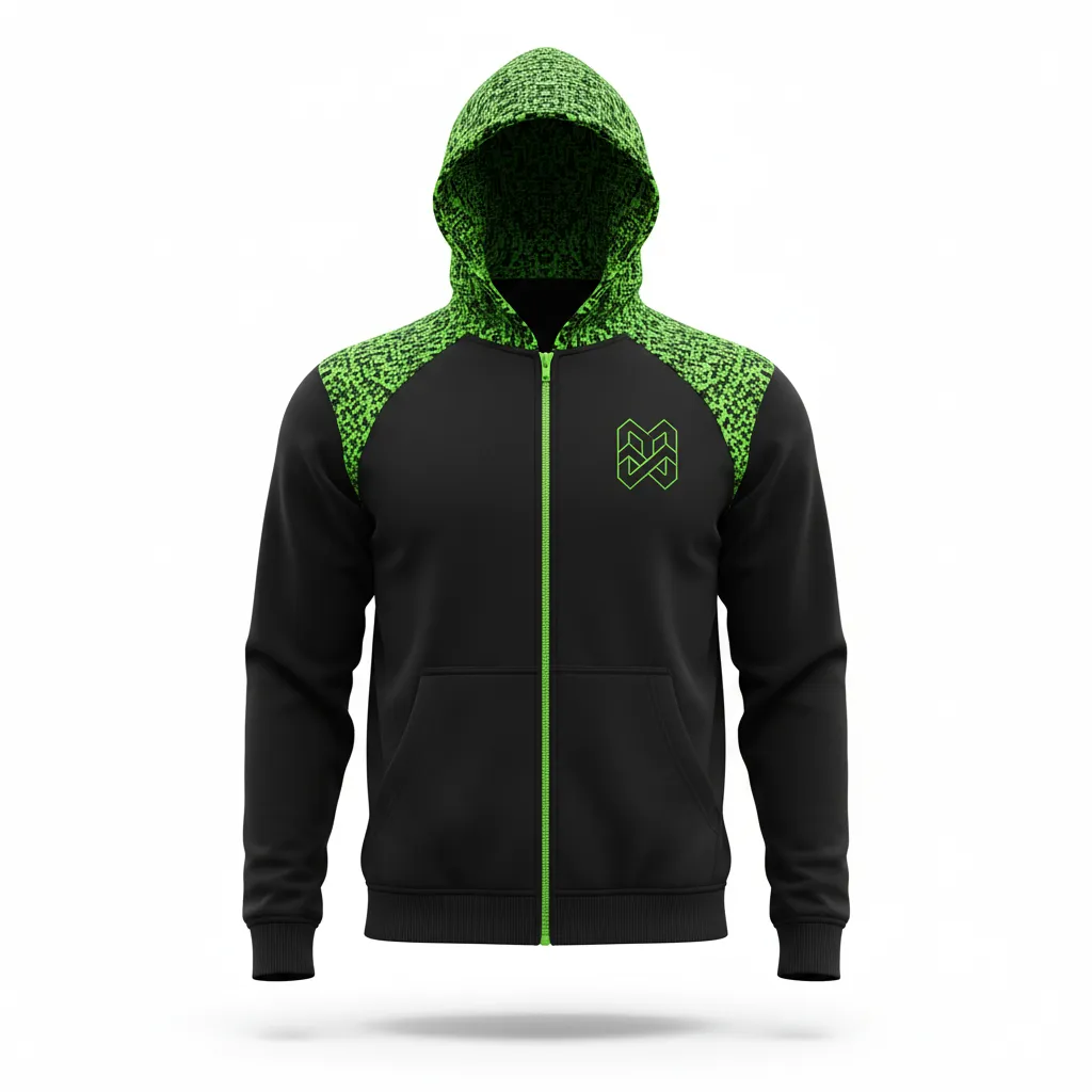 Custom Soccer Full Zip Hoodie - Black, Green - Fullzip Hoodie Neon Digital - Front View - HAMCO Sports Inc.