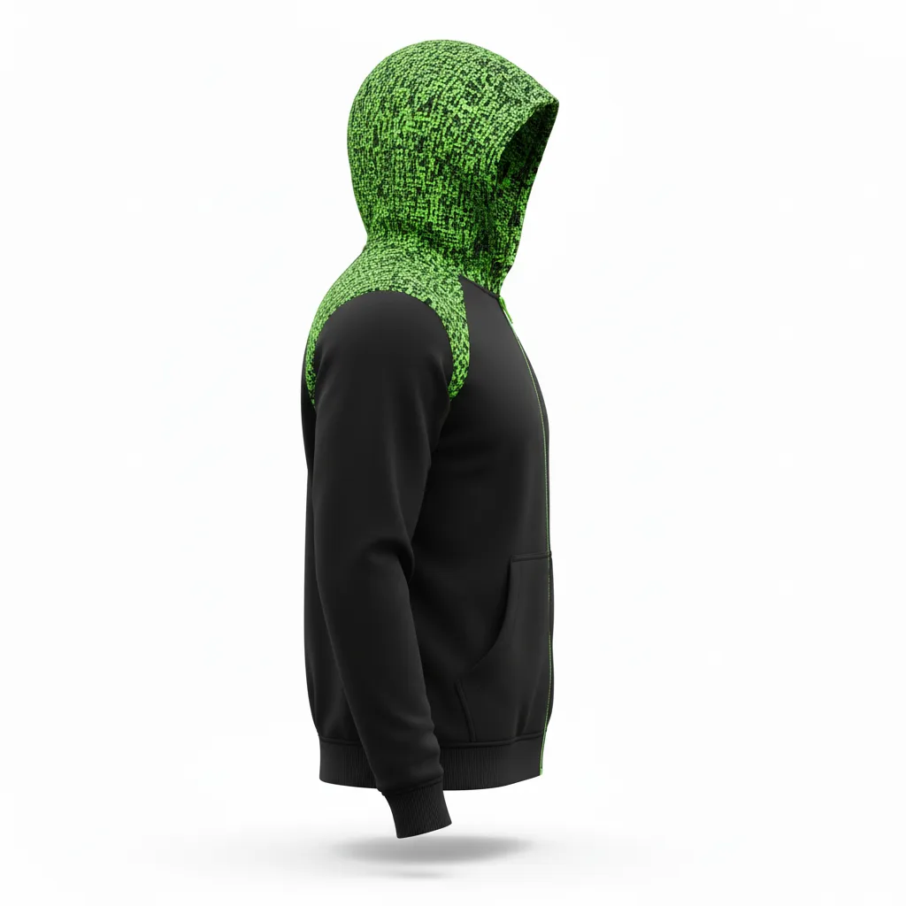 Custom Soccer Full Zip Hoodie - Black, Green - Fullzip Hoodie Neon Digital - Side View - HAMCO Sports Inc.