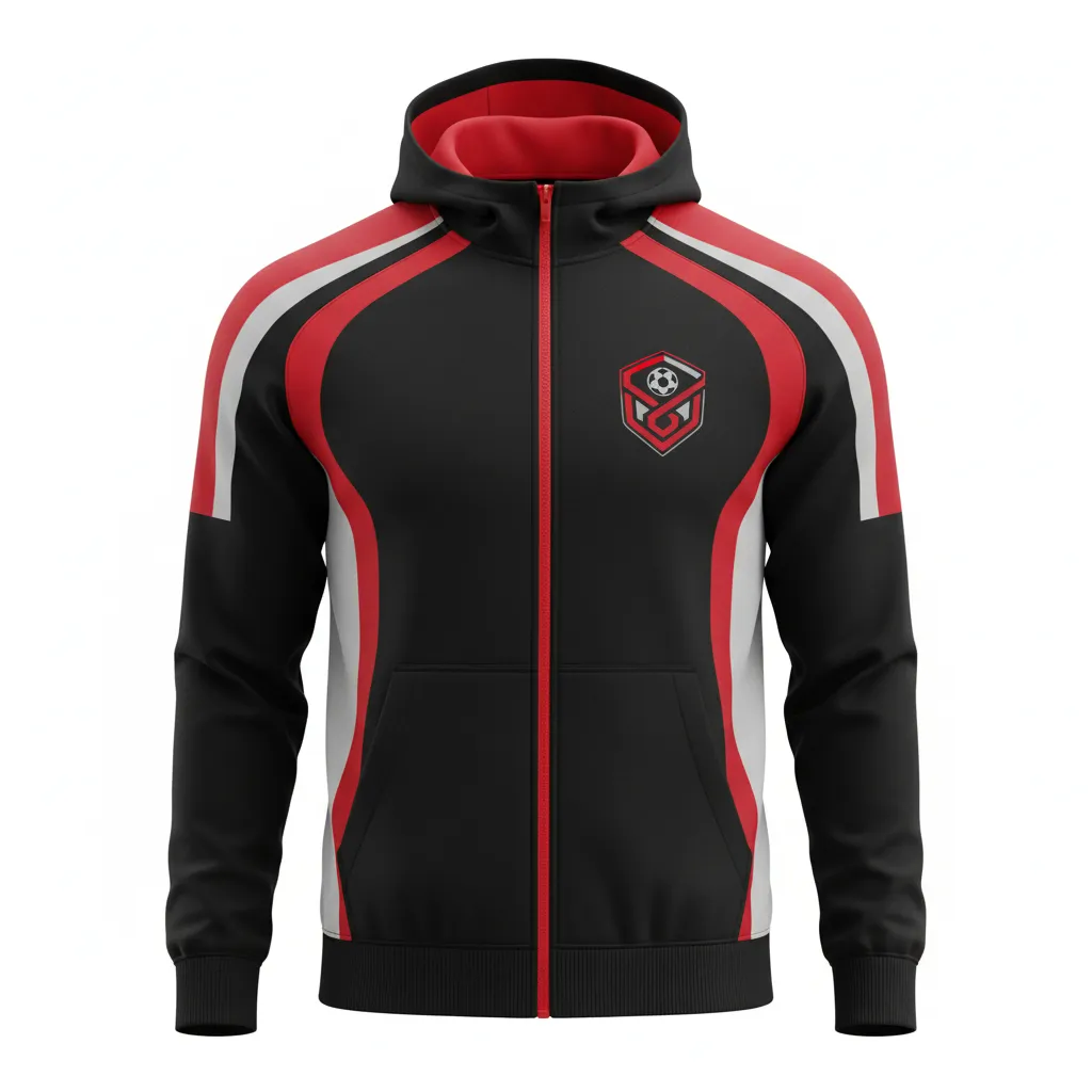 Custom Soccer Full Zip Hoodie - Black, Red, Grey - Fullzip Hoodie Modern - Front View - HAMCO Sports Inc.