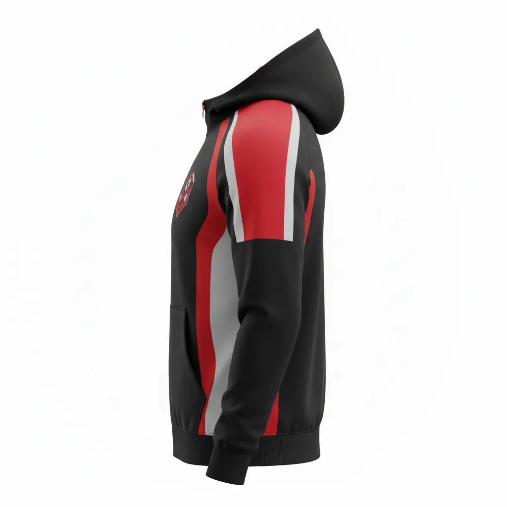 Custom Soccer Full Zip Hoodie - Black, Red, Grey - Fullzip Hoodie Modern - Side View - HAMCO Sports Inc.