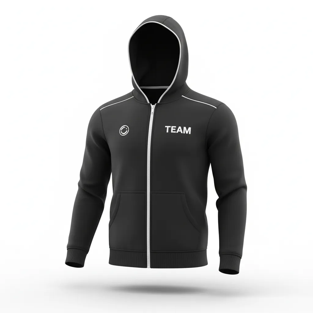 Custom Soccer Full Zip Hoodie - Black, White - Fullzip Hoodie Minimalist - Front View - HAMCO Sports Inc.