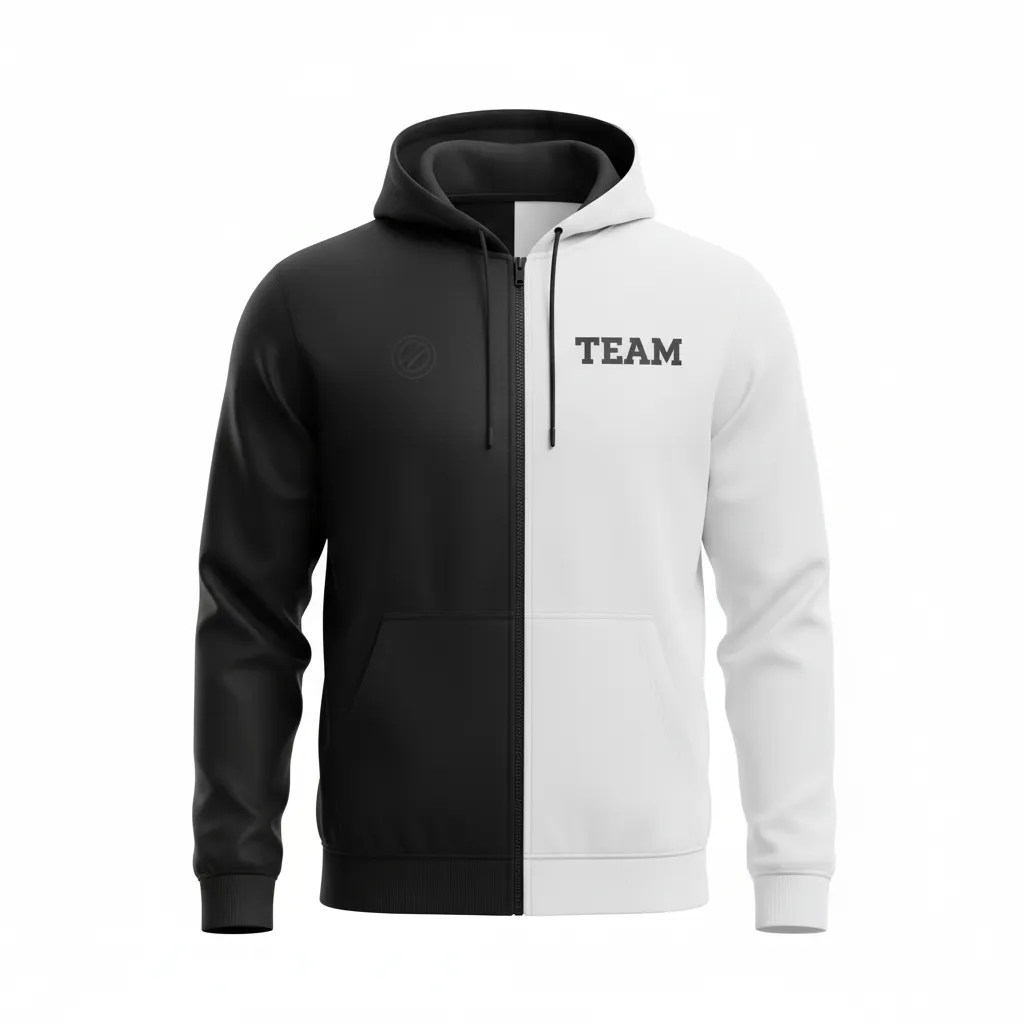 Custom Soccer Full Zip Hoodie - Black, White - Fullzip Hoodie Split - Front View - HAMCO Sports Inc.