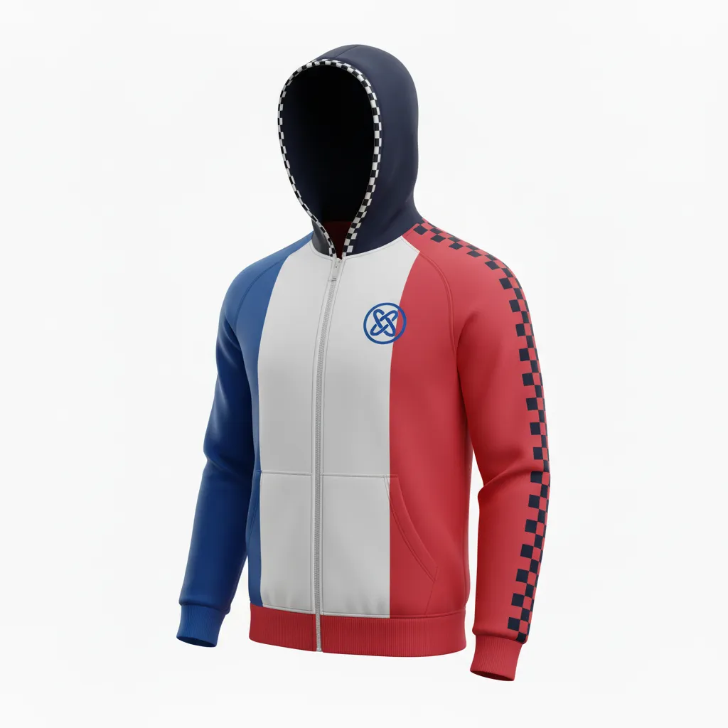 Custom Soccer Full Zip Hoodie - Blue, White, Red - Fullzip Hoodie French - Front View - HAMCO Sports Inc.