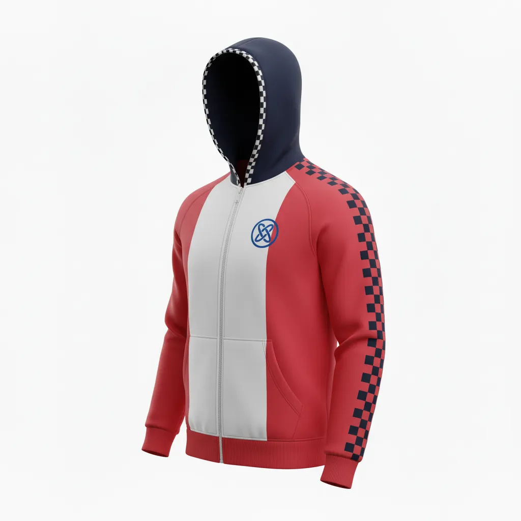 Custom Soccer Full Zip Hoodie - Blue, White, Red - Fullzip Hoodie French - Side View - HAMCO Sports Inc.