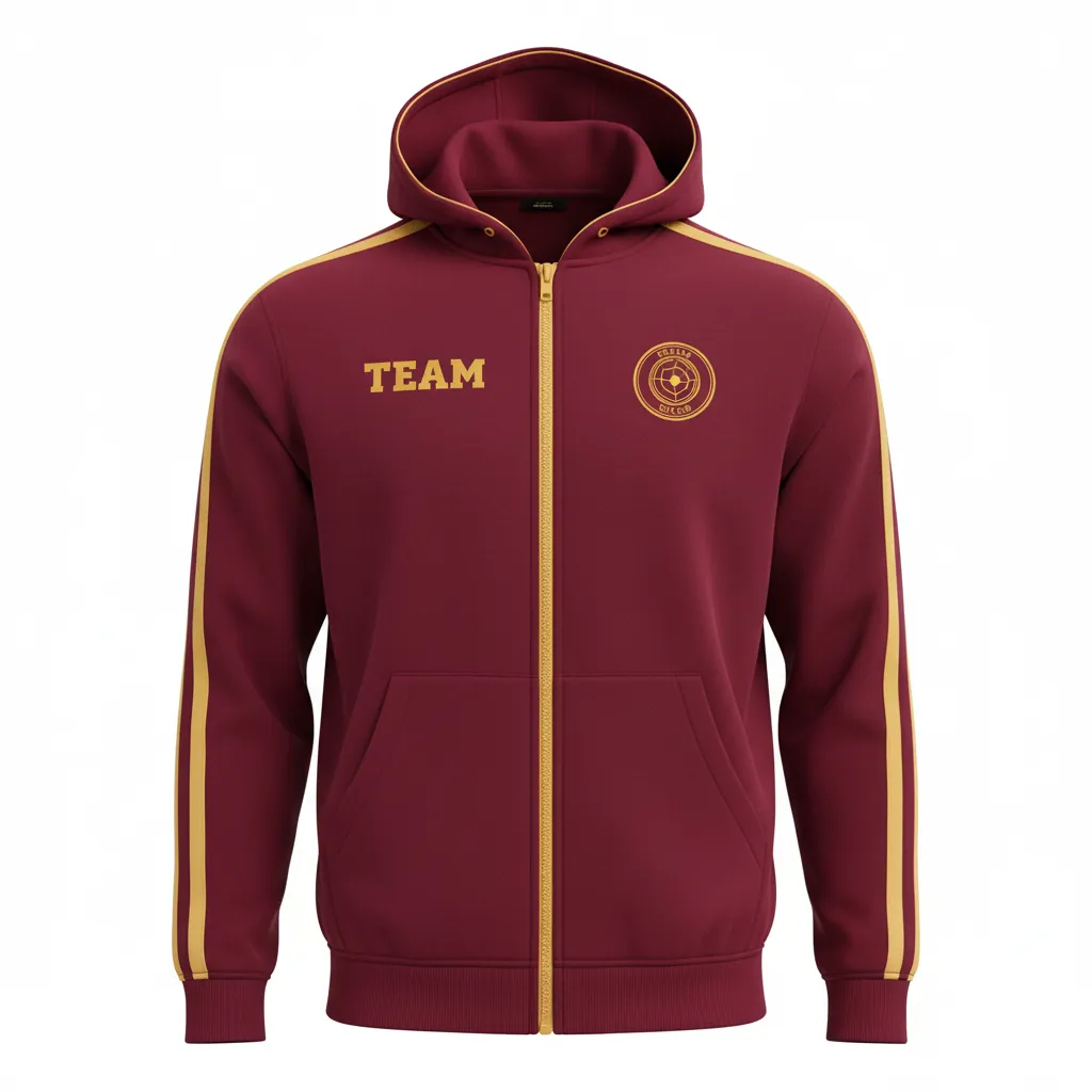 Custom Soccer Full Zip Hoodie - Burgundy, Gold - Fullzip Hoodie Classic - Front View - HAMCO Sports Inc.