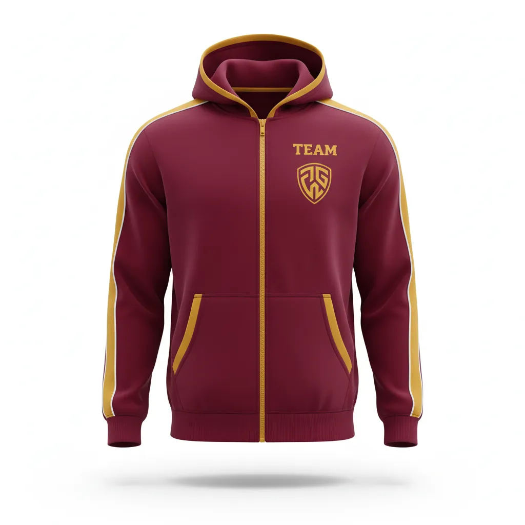 Custom Soccer Full Zip Hoodie - Burgundy, Gold, White - Fullzip Hoodie Classic - Front View - HAMCO Sports Inc.