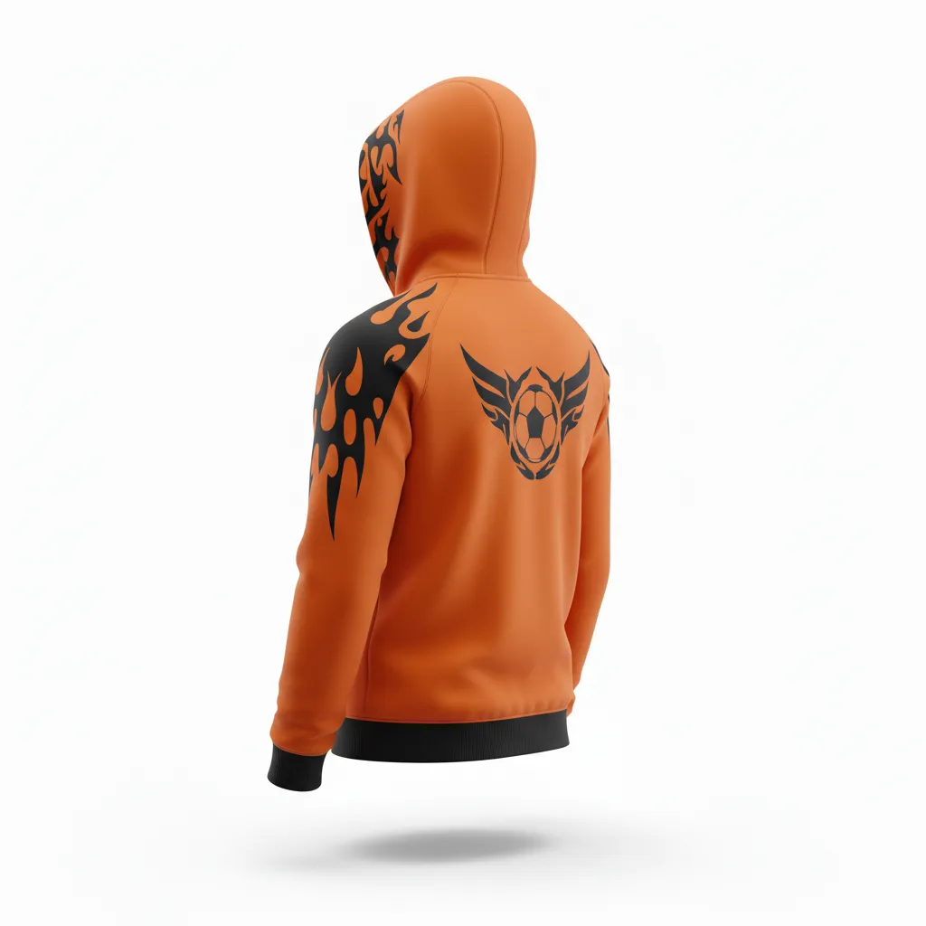Custom Soccer Full Zip Hoodie - Burnt, Orange, Black - Fullzip Hoodie Flame - Back View - HAMCO Sports Inc.