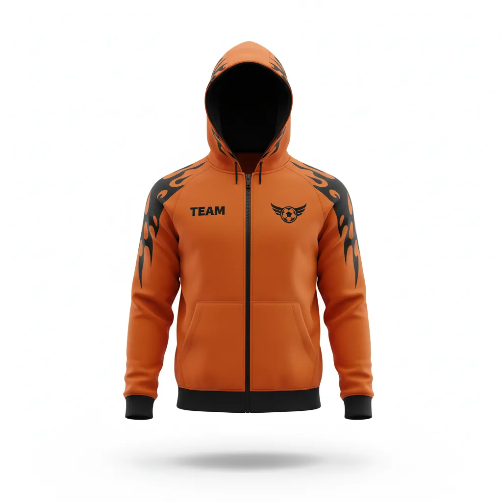 Custom Soccer Full Zip Hoodie - Burnt, Orange, Black - Fullzip Hoodie Flame - Front View - HAMCO Sports Inc.