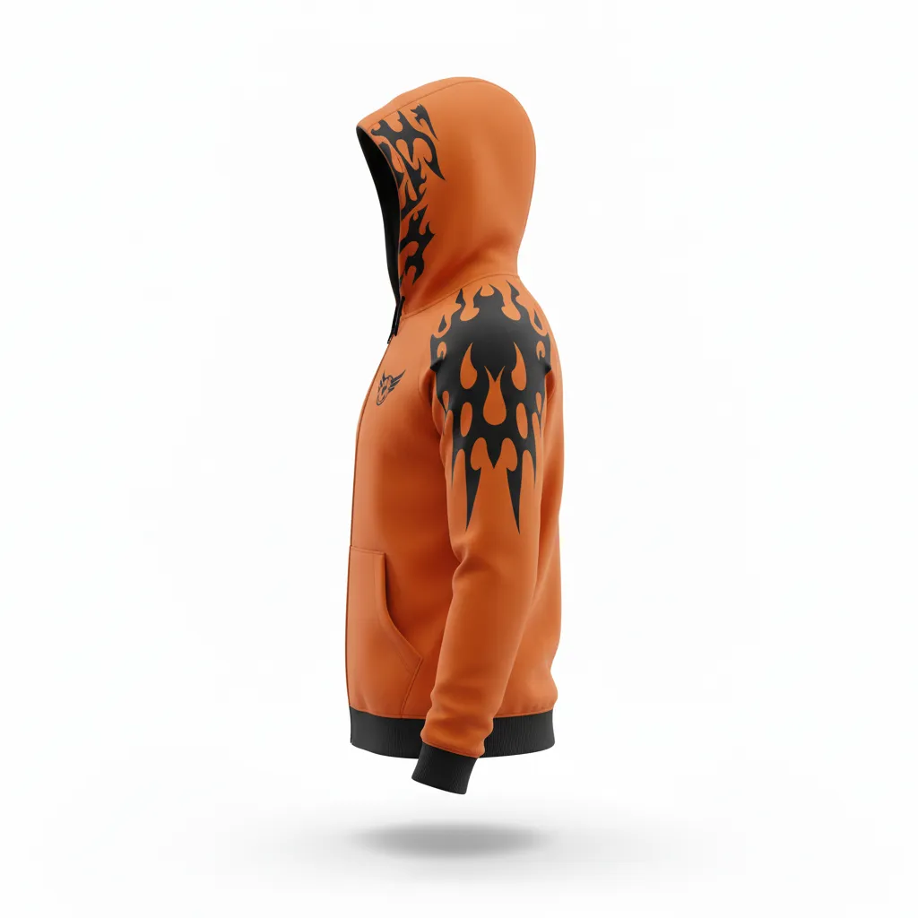 Custom Soccer Full Zip Hoodie - Burnt, Orange, Black - Fullzip Hoodie Flame - Side View - HAMCO Sports Inc.