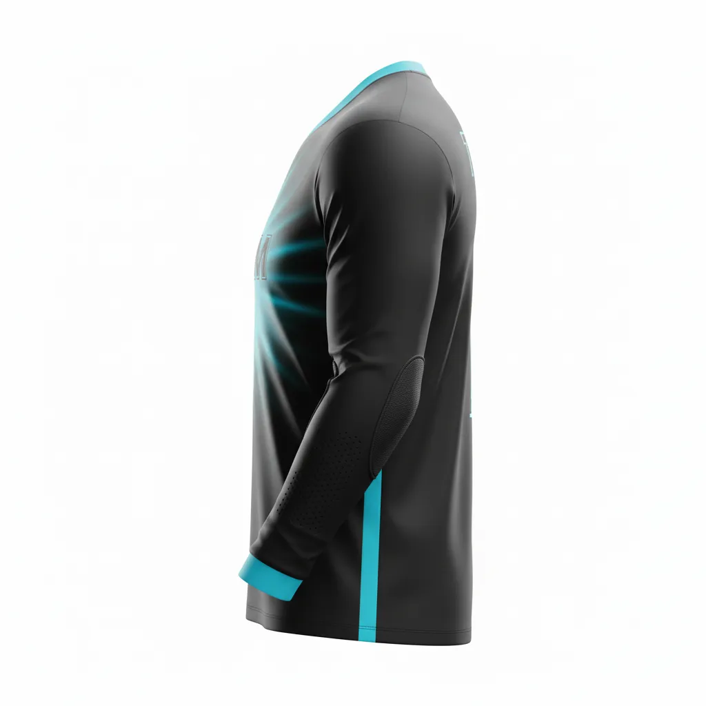 Custom Soccer Goalkeeper Jersey - Black - Goalkeeper Jersey Cyan Glow - Side View - HAMCO Sports Inc.