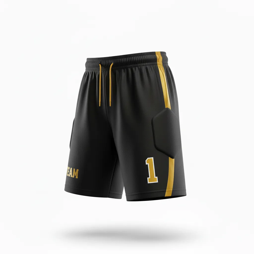 Custom Soccer Goalkeeper Padded Shorts - Black, Gold - Goalkeeper Shorts Premium - Front View - HAMCO Sports Inc.