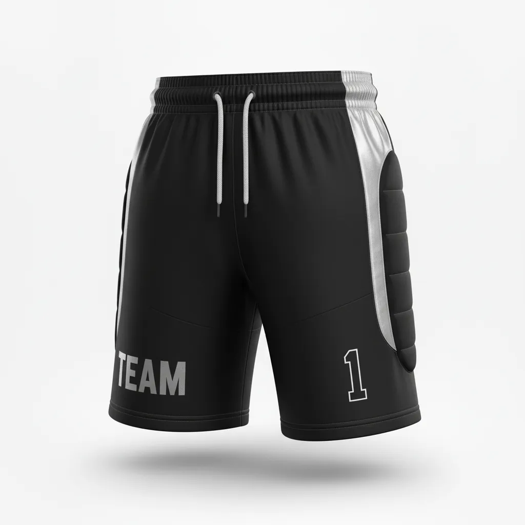 Custom Soccer Goalkeeper Padded Shorts - Black, Silver - Goalkeeper Shorts Metallic - Front View - HAMCO Sports Inc.