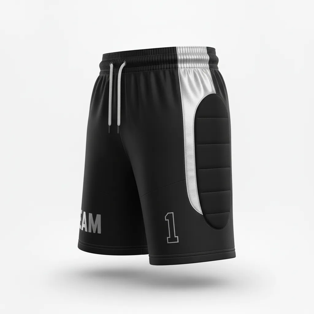 Custom Soccer Goalkeeper Padded Shorts - Black, Silver - Goalkeeper Shorts Metallic - Side View - HAMCO Sports Inc.