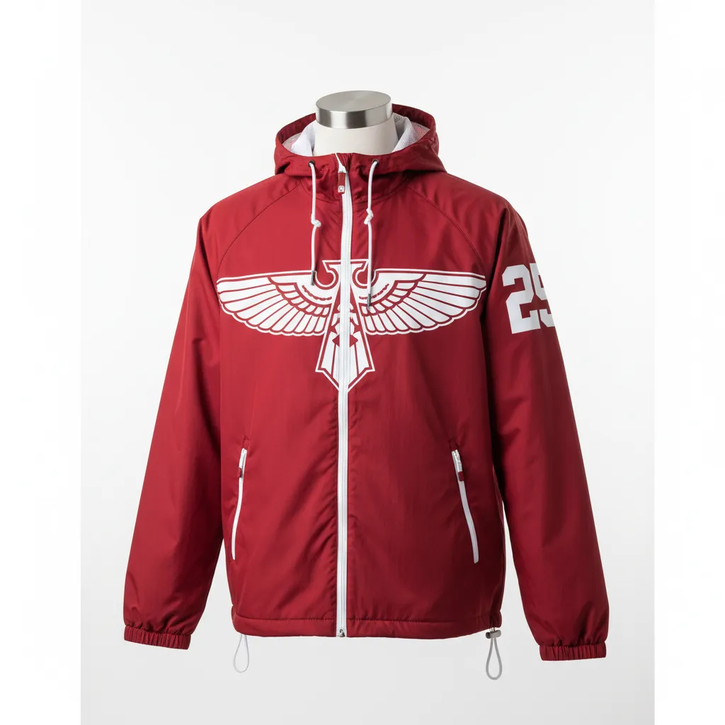 Custom Soccer Lightweight Rain Jacket - Red, White - Windbreaker Cardinal Thunderbird Spirit - Front View - HAMCO Sports Inc.