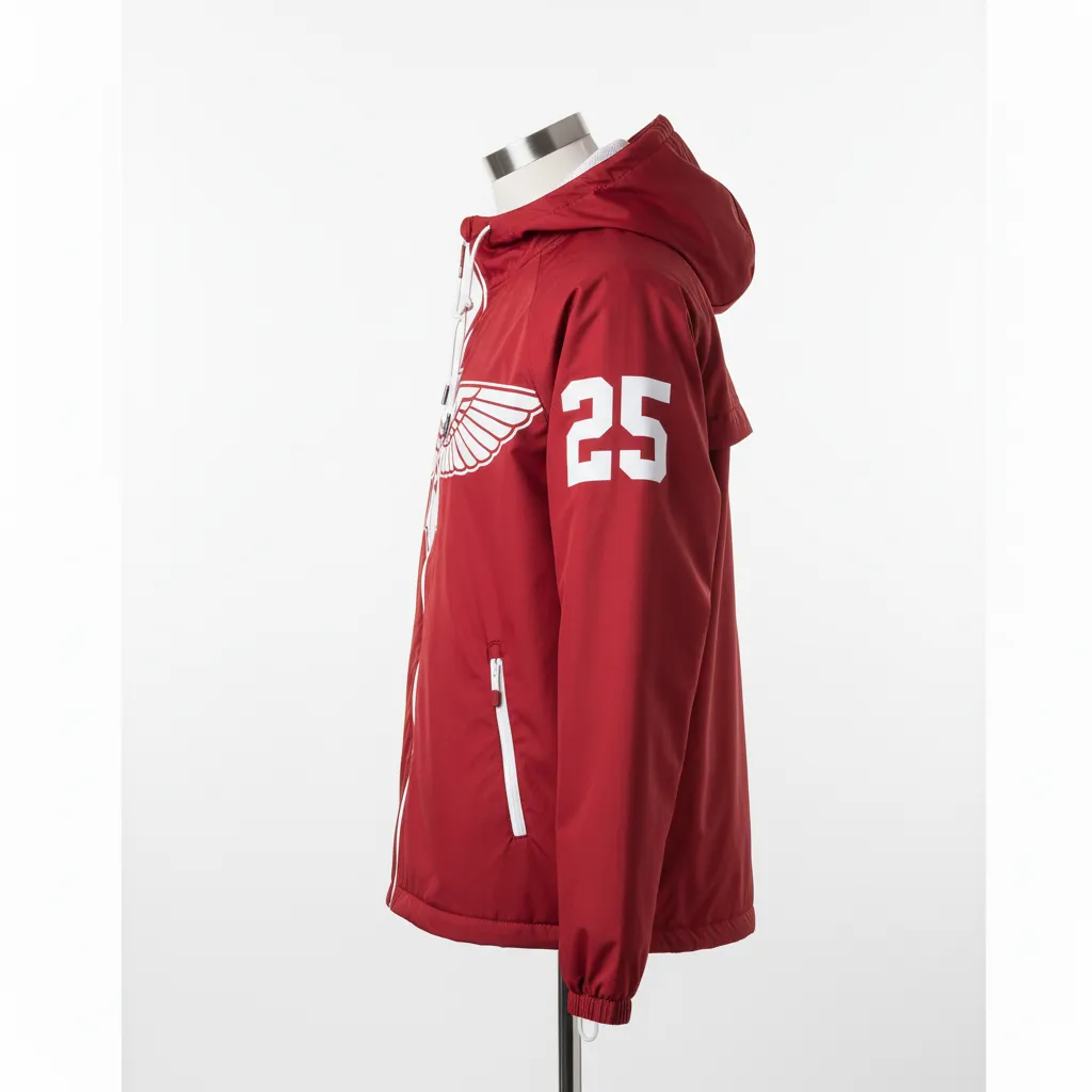 Custom Soccer Lightweight Rain Jacket - Red, White - Windbreaker Cardinal Thunderbird Spirit - Side View - HAMCO Sports Inc.