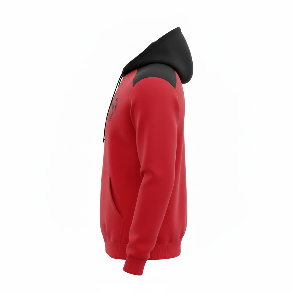 Custom Soccer Pullover Hoodie - Red, Black - Pullover Hoodie Athletic Shoulder Panels - Side View - HAMCO Sports Inc.