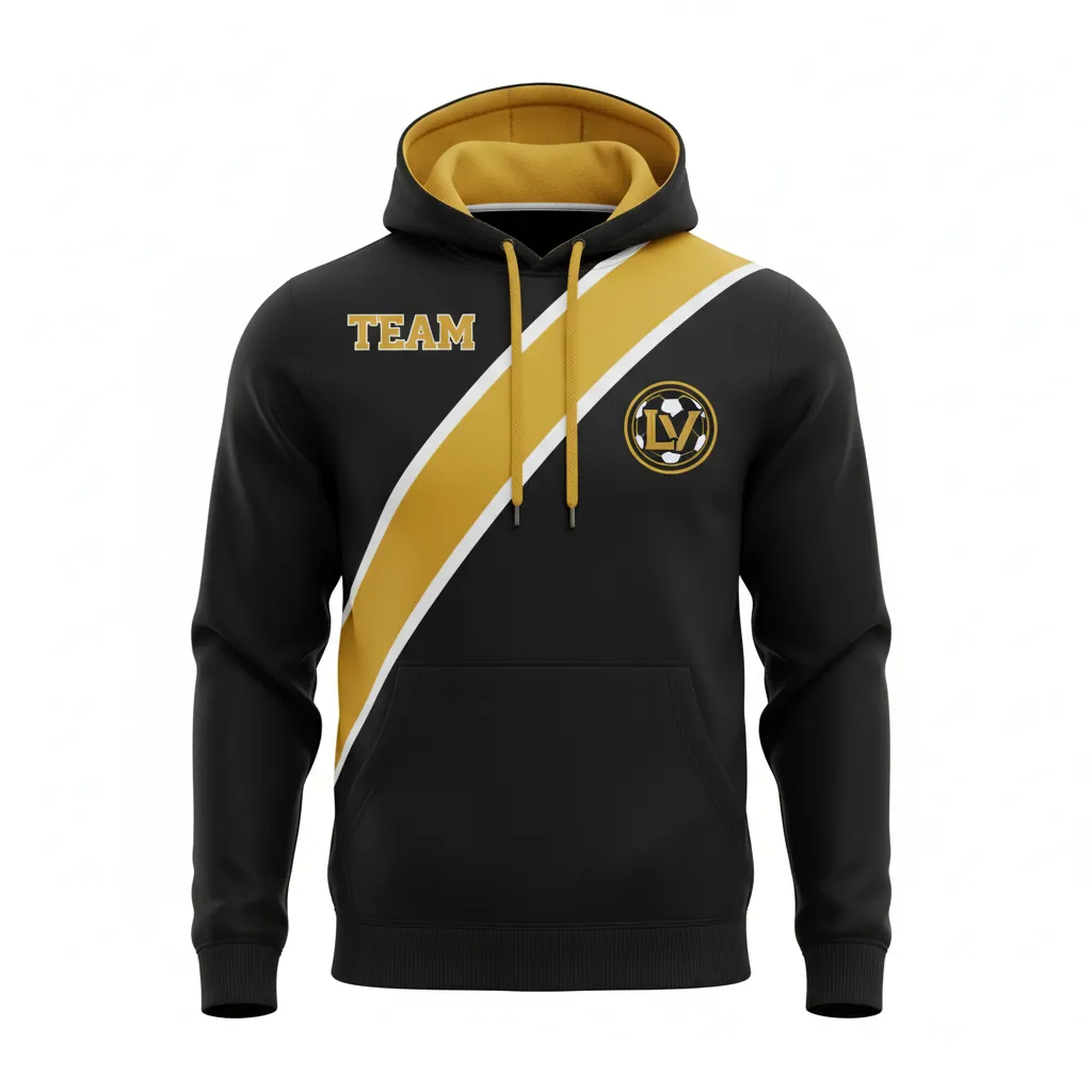 Custom Soccer Pullover Hoodie - Black, Gold, White - Pullover Hoodie Vegas - Front View - HAMCO Sports Inc.