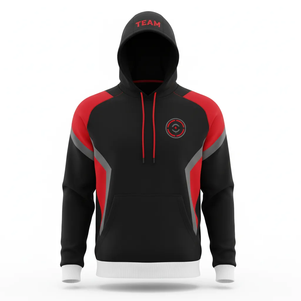 Custom Soccer Pullover Hoodie - Black, Red, Grey - Pullover Hoodie Modern - Front View - HAMCO Sports Inc.