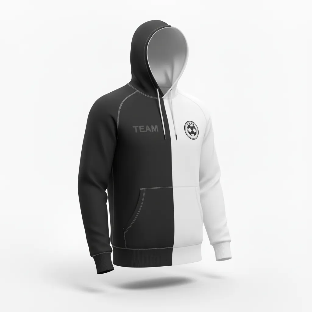 Custom Soccer Pullover Hoodie - Black, White - Pullover Hoodie Split - Front View - HAMCO Sports Inc.