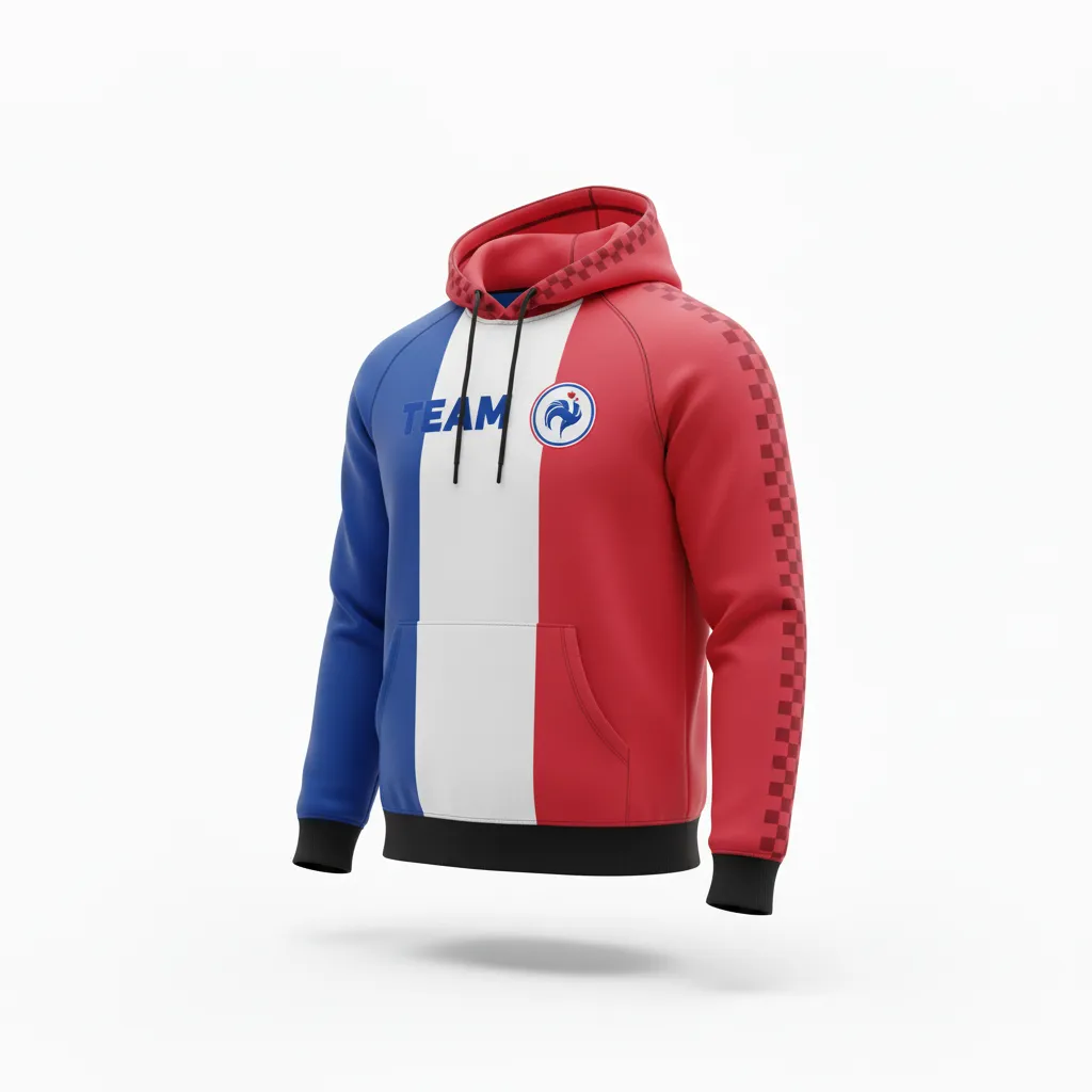 Custom Soccer Pullover Hoodie - Blue, White, Red - Pullover Hoodie French - Front View - HAMCO Sports Inc.