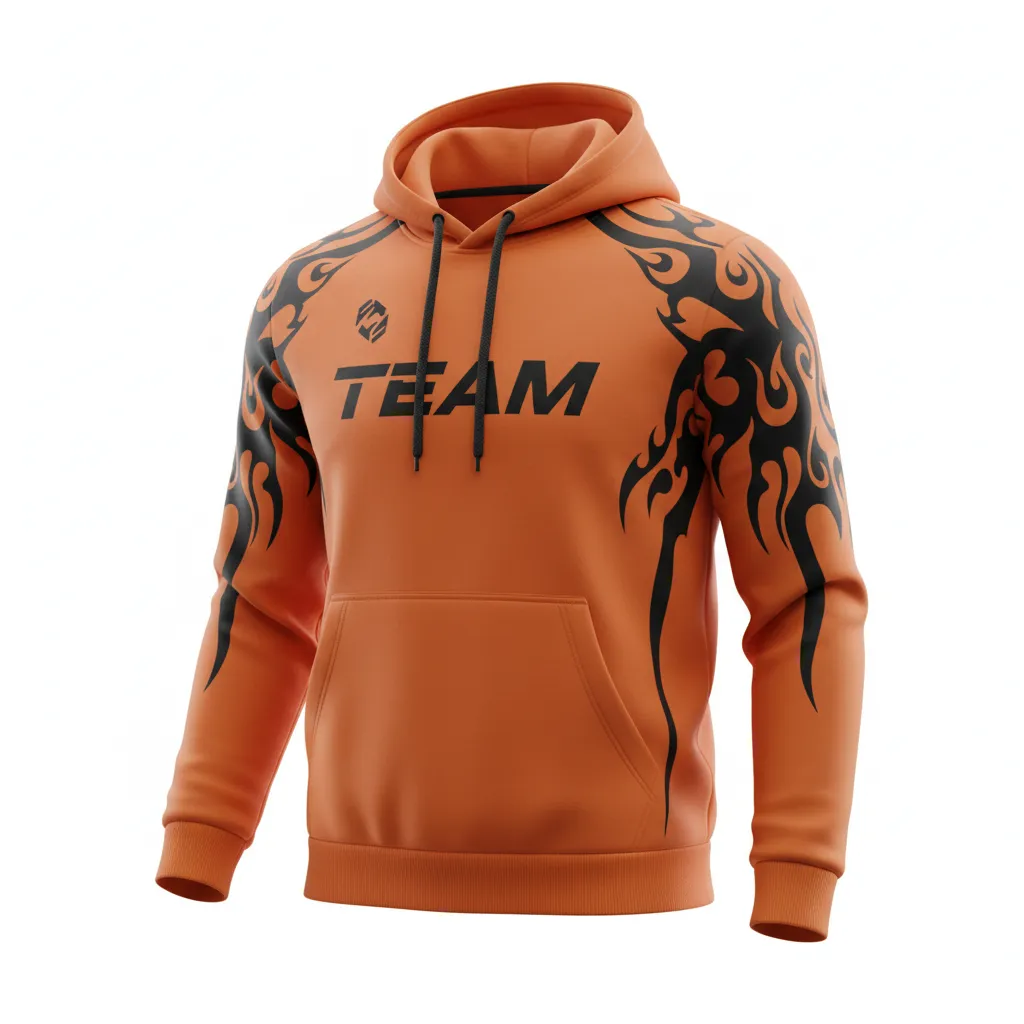 Custom Soccer Pullover Hoodie - Burnt, Orange, Black - Pullover Hoodie Flame - Front View - HAMCO Sports Inc.