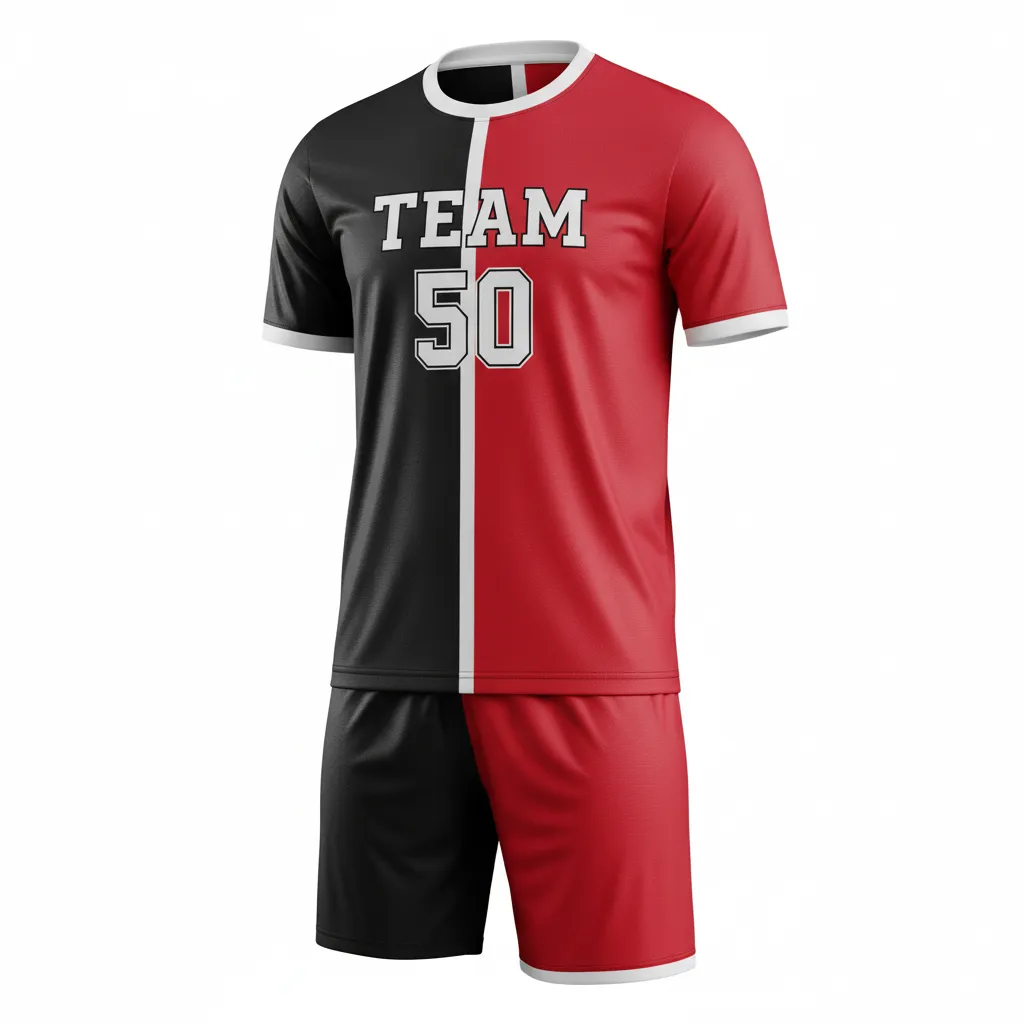 Custom Soccer Reversible Soccer Uniform - Black, Red - Reversible Uniform Split Halves - Front View - HAMCO Sports Inc.