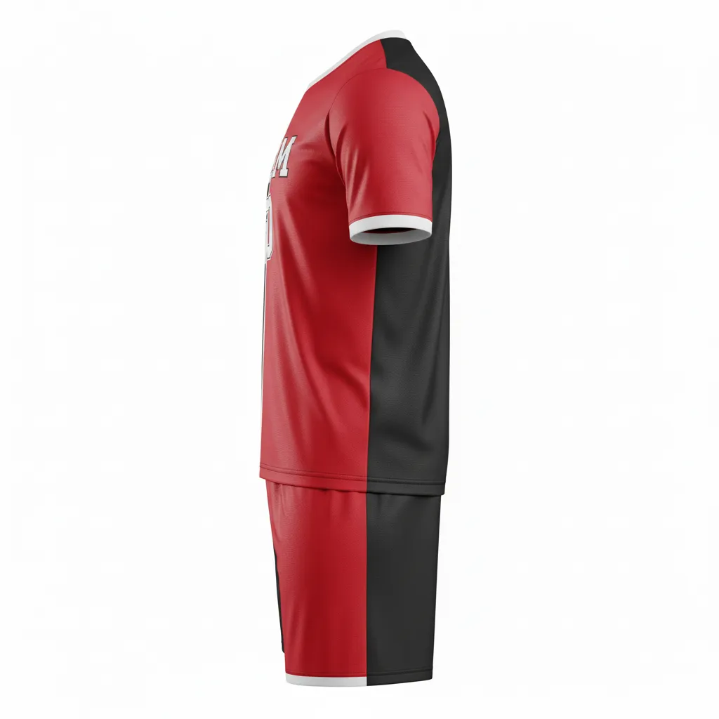 Custom Soccer Reversible Soccer Uniform - Black, Red - Reversible Uniform Split Halves - Side View - HAMCO Sports Inc.