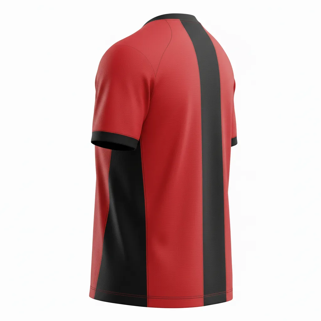 Custom Soccer Round Neck Soccer Jersey - Red, Black - Round Neck Jersey Athletic Shoulder Panels - Back View - HAMCO Sports Inc.