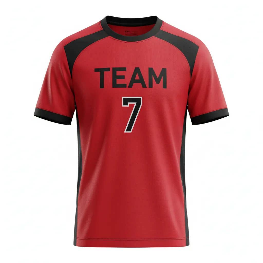 Custom Soccer Round Neck Soccer Jersey - Red, Black - Round Neck Jersey Athletic Shoulder Panels - Front View - HAMCO Sports Inc.