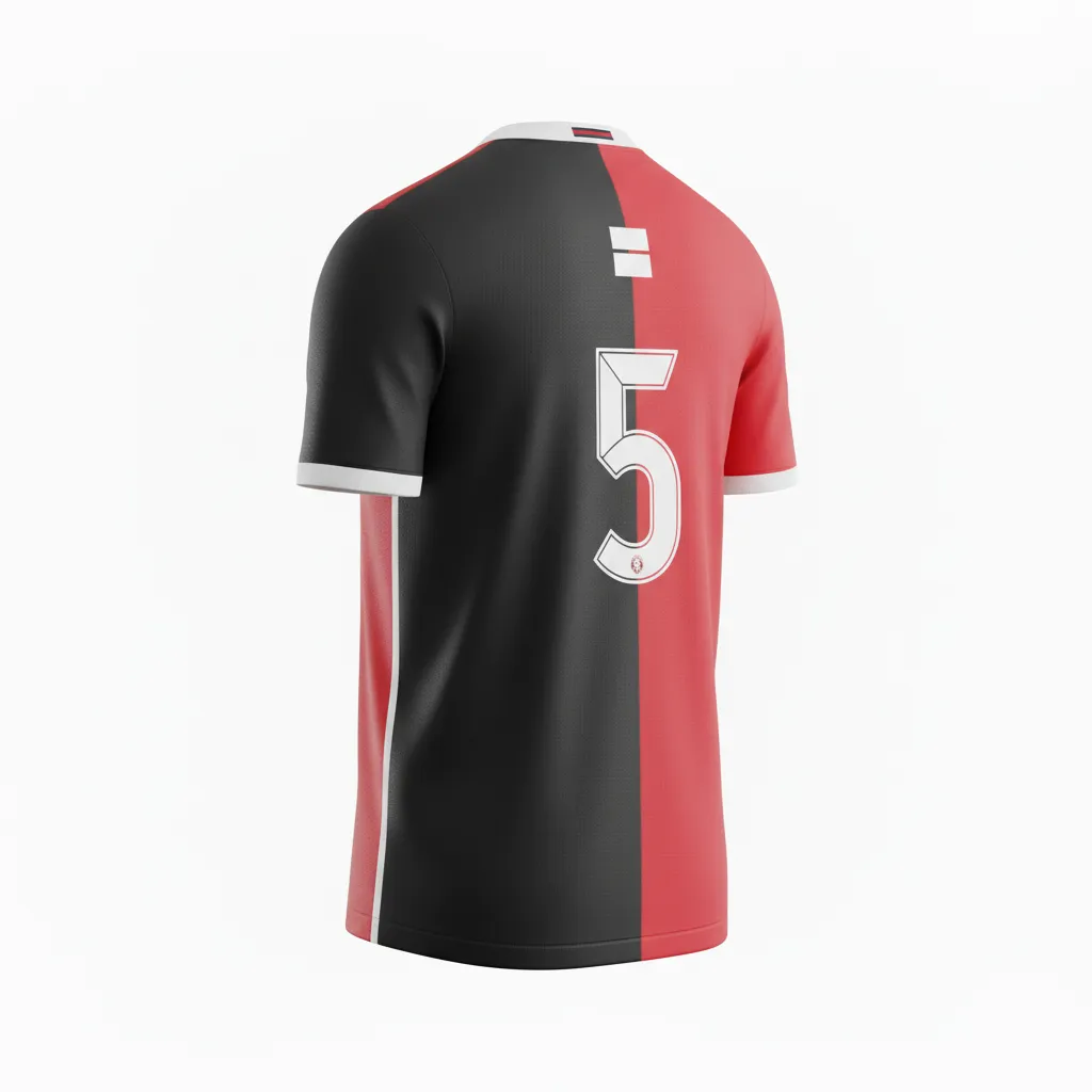 Custom Soccer Round Neck Soccer Jersey - Black, Red, White - Round Neck Jersey Split - Back View - HAMCO Sports Inc.