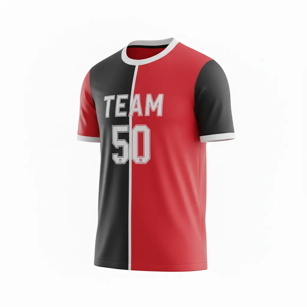 Custom Soccer Round Neck Soccer Jersey - Black, Red, White - Round Neck Jersey Split - Front View - HAMCO Sports Inc.