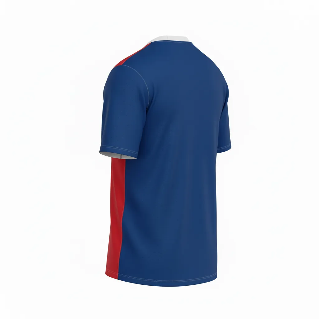 Custom Soccer Round Neck Soccer Jersey - Blue, White, Red - Round Neck Jersey French - Back View - HAMCO Sports Inc.