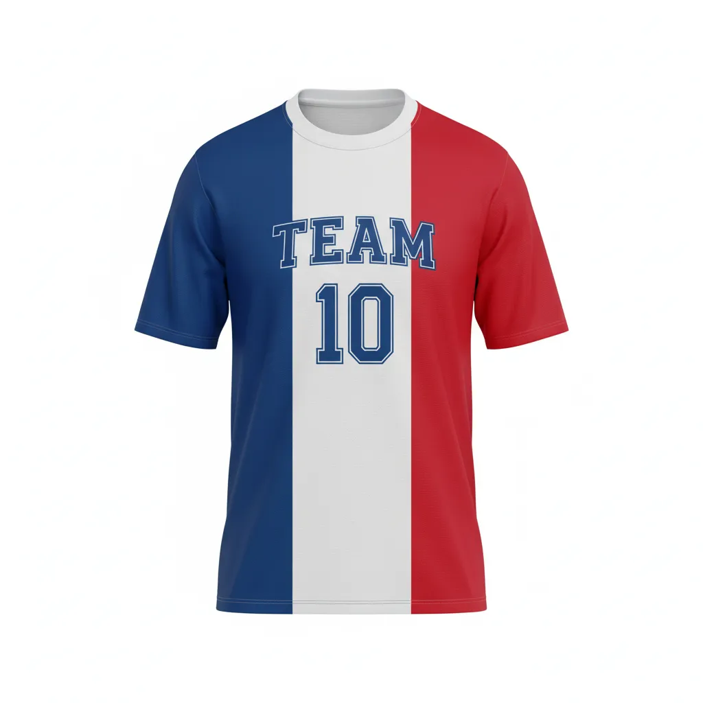Custom Soccer Round Neck Soccer Jersey - Blue, White, Red - Round Neck Jersey French - Front View - HAMCO Sports Inc.