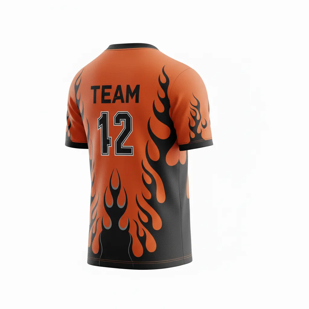 Custom Soccer Round Neck Soccer Jersey - Burnt, Orange, Black - Round Neck Jersey Flame - Back View - HAMCO Sports Inc.