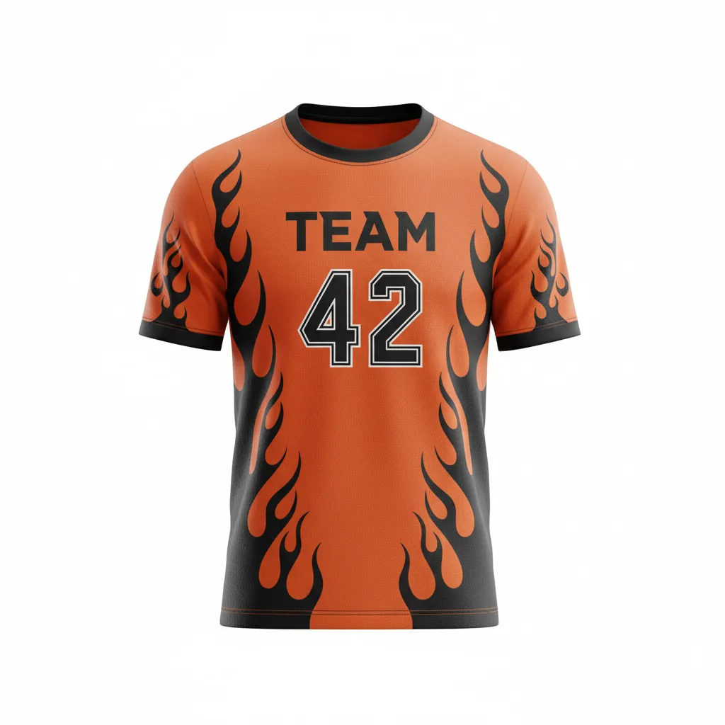 Custom Soccer Round Neck Soccer Jersey - Burnt, Orange, Black - Round Neck Jersey Flame - Front View - HAMCO Sports Inc.
