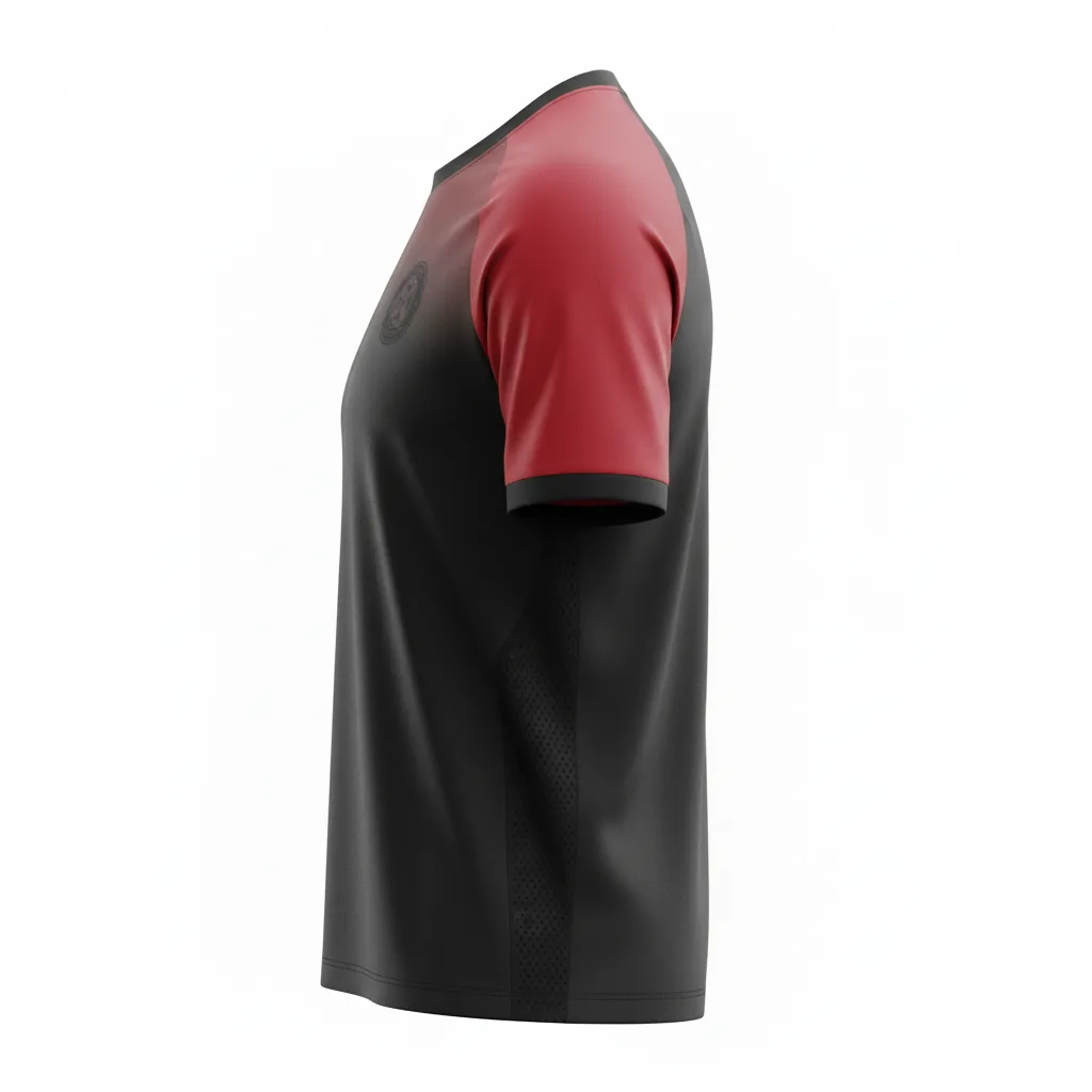 Custom Soccer Short Sleeve Training Shirt - Black, Red - Training Jersey Shoulder Panels - Side View - HAMCO Sports Inc.