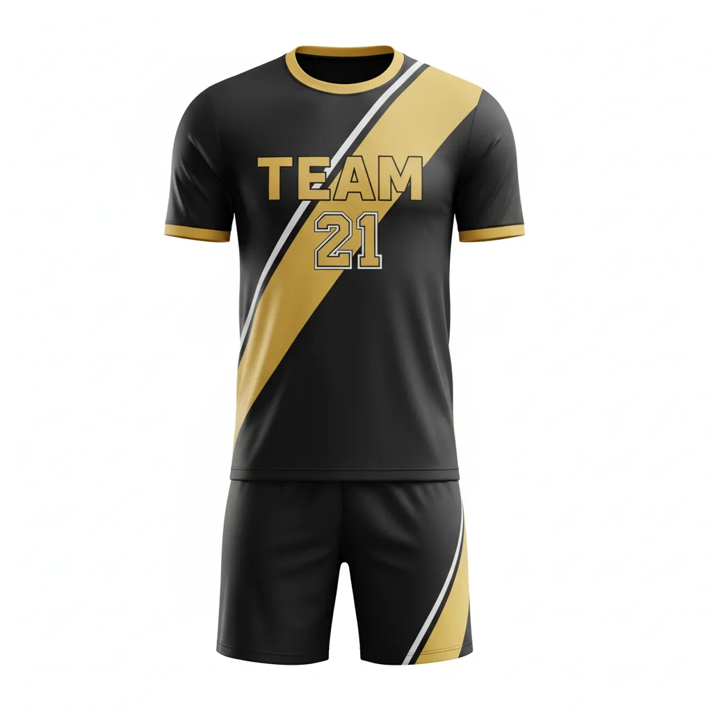 Custom Soccer Standard Soccer Uniform - Black, Gold, White - Standard Uniform Vegas - Front View - HAMCO Sports Inc.