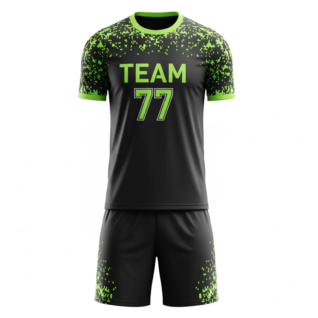 Custom Soccer Standard Soccer Uniform - Black, Green - Standard Uniform Neon Digital Pixel - Front View - HAMCO Sports Inc.