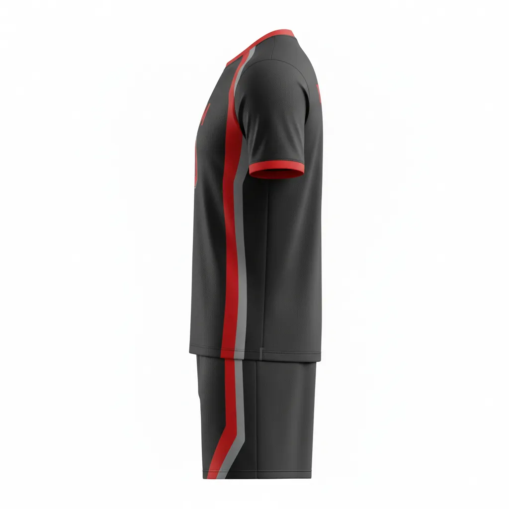 Custom Soccer Standard Soccer Uniform - Black, Red, Grey - Standard Uniform Modern Tech - Side View - HAMCO Sports Inc.